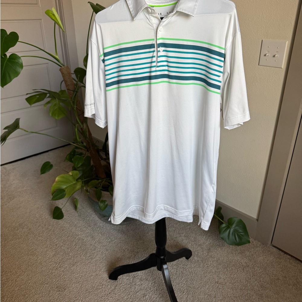 Under Armour Men's White and Green Striped Polo Shirt